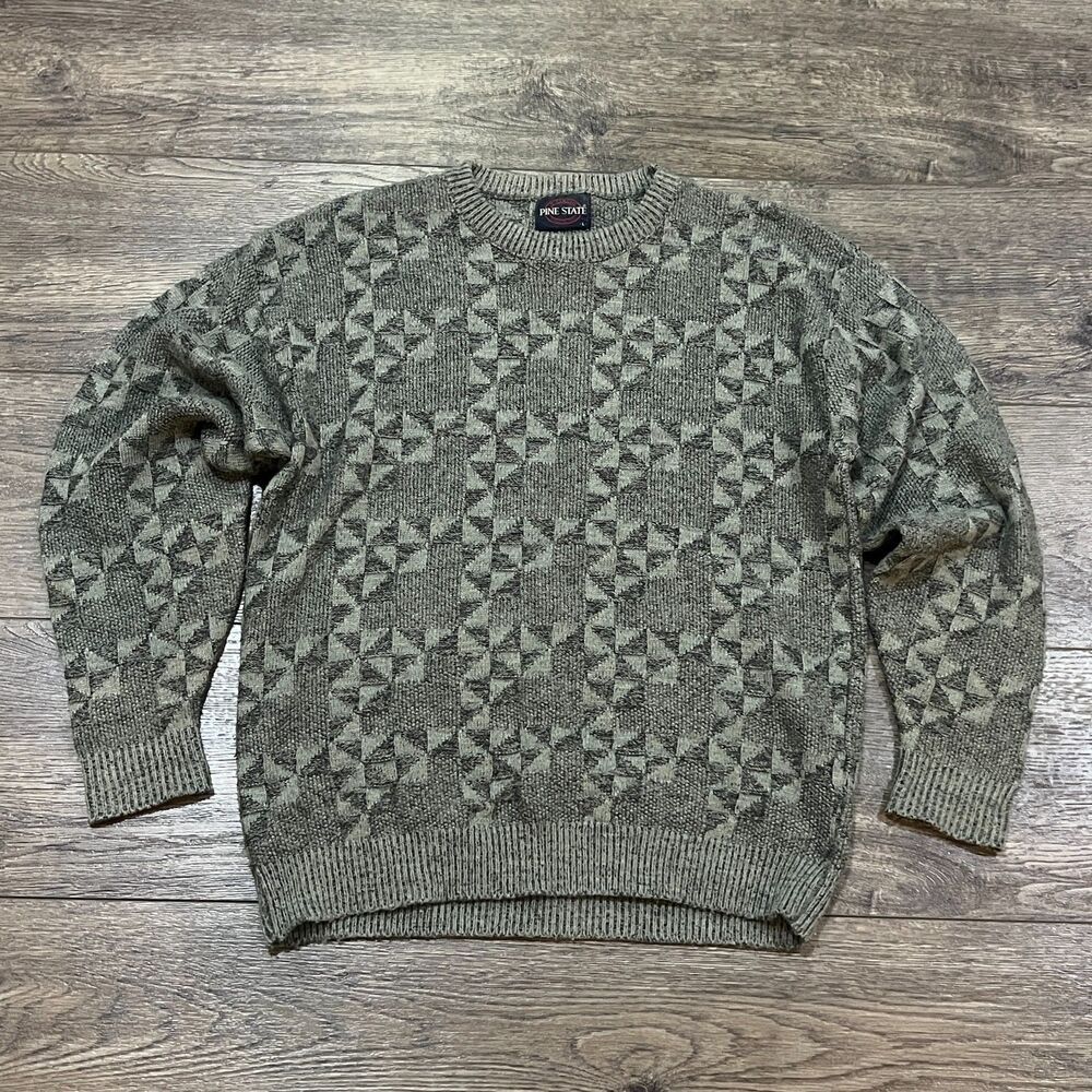Vintage 80s Pine State Made in USA Green Knit Sweater Geometric Pattern Large